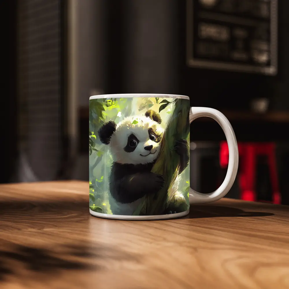 Baby Panda Climbing Tree Forest Art – Mugs