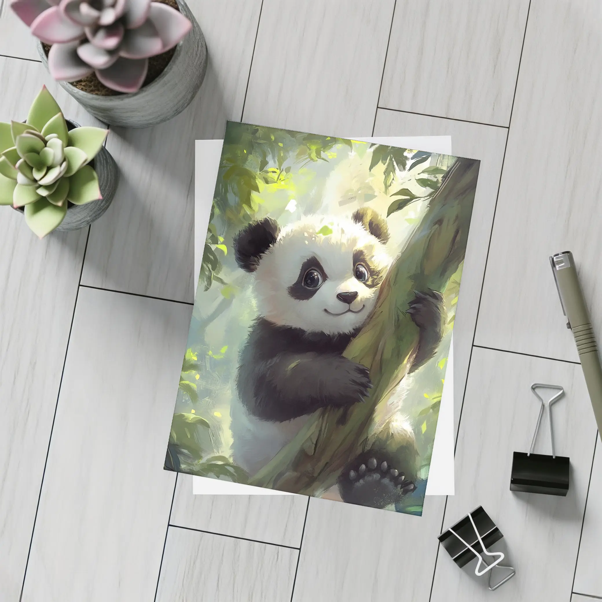 Baby Panda Climbing Tree Forest Art – Postcards