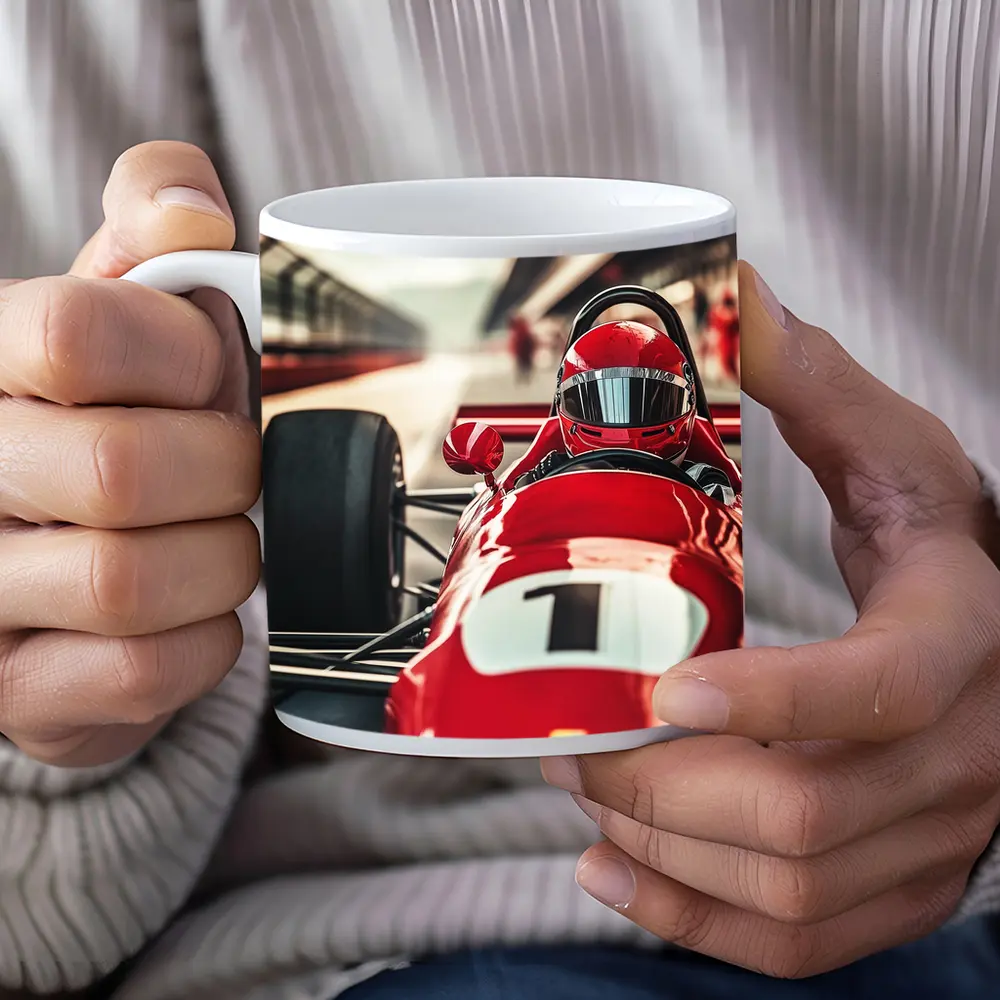 Red Formula One Racing Car Pit Lane – Mugs