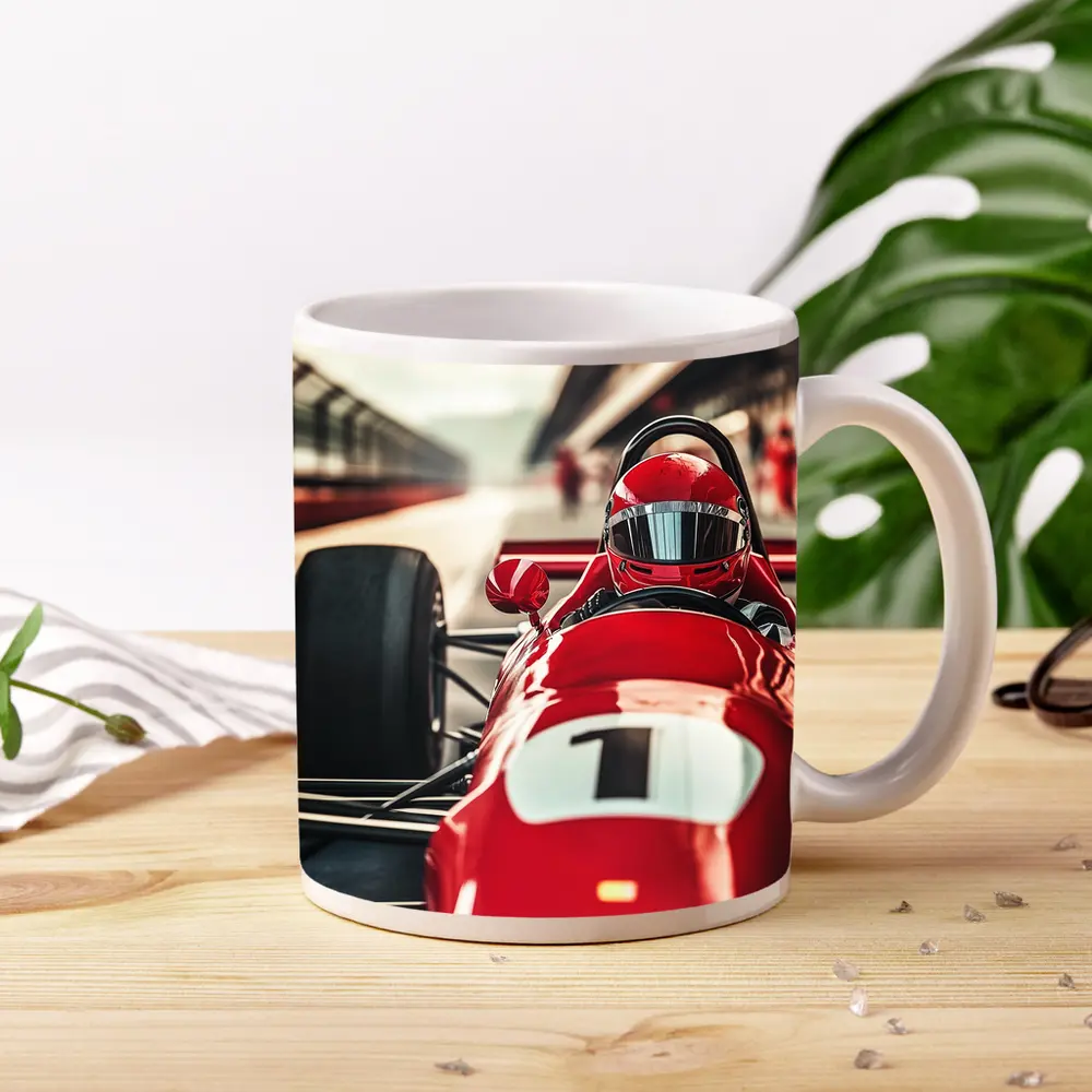 Red Formula One Racing Car Pit Lane – Mugs