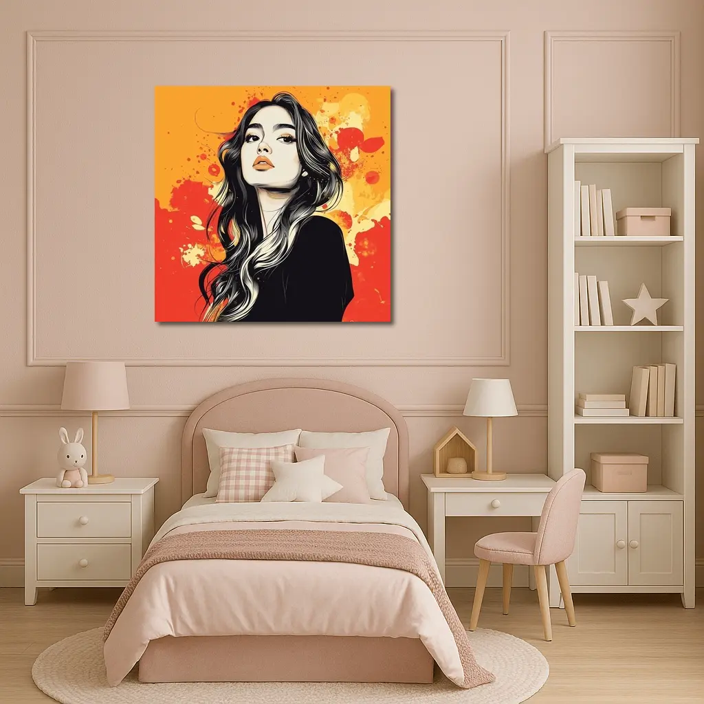 Woman Portrait Illustration Orange Paint Splash – Wall Art