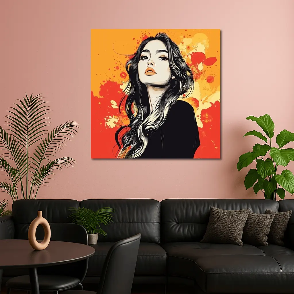 Woman Portrait Illustration Orange Paint Splash – Wall Art