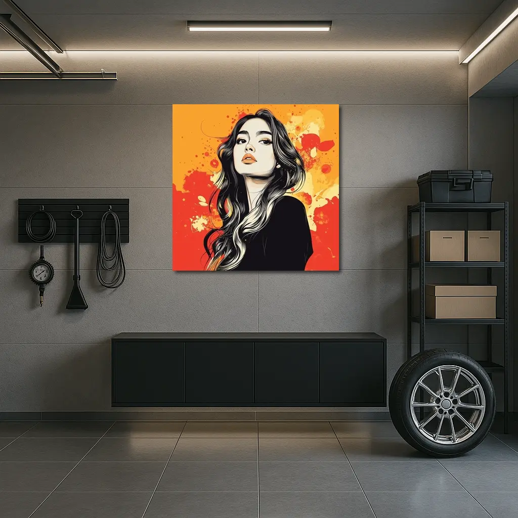 Woman Portrait Illustration Orange Paint Splash – Wall Art