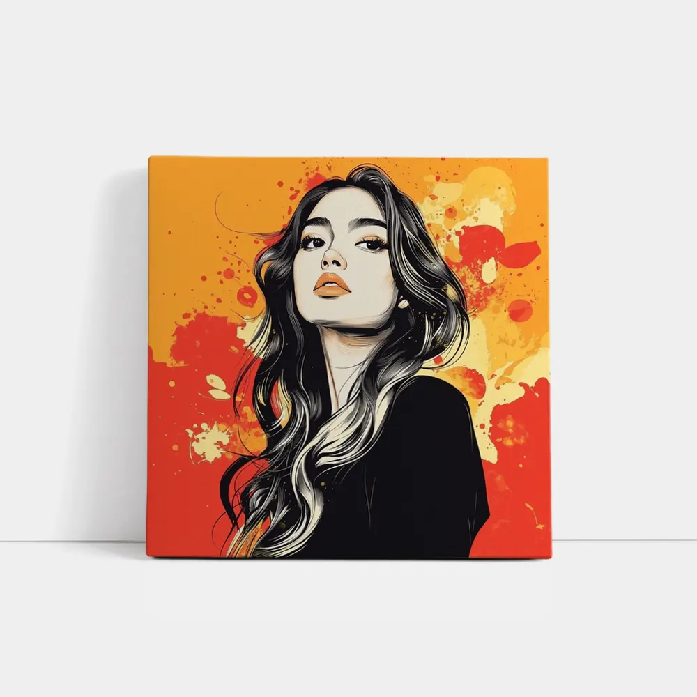 Woman Portrait Illustration Orange Paint Splash – Wall Art