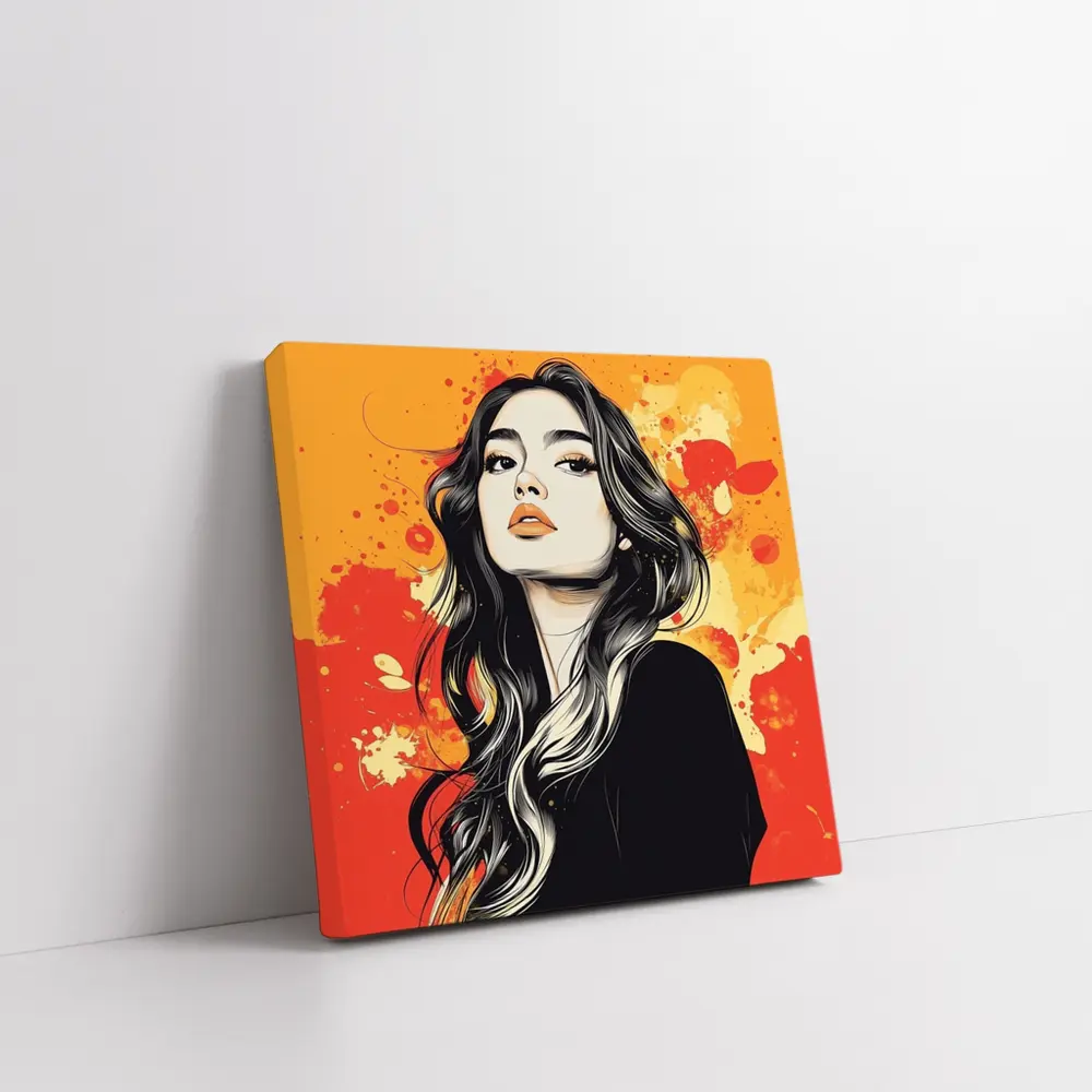 Woman Portrait Illustration Orange Paint Splash – Wall Art