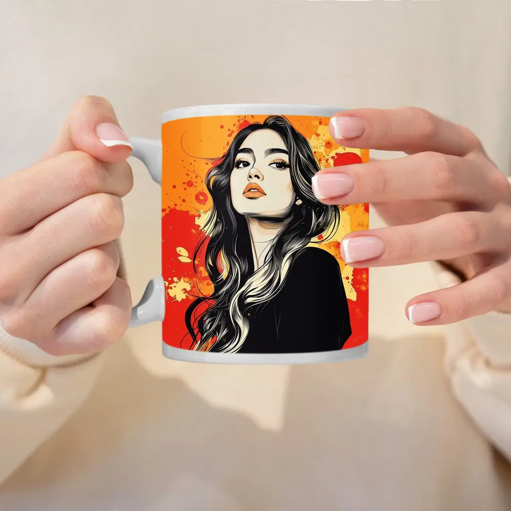 Woman Portrait Illustration Orange Paint Splash – Mugs