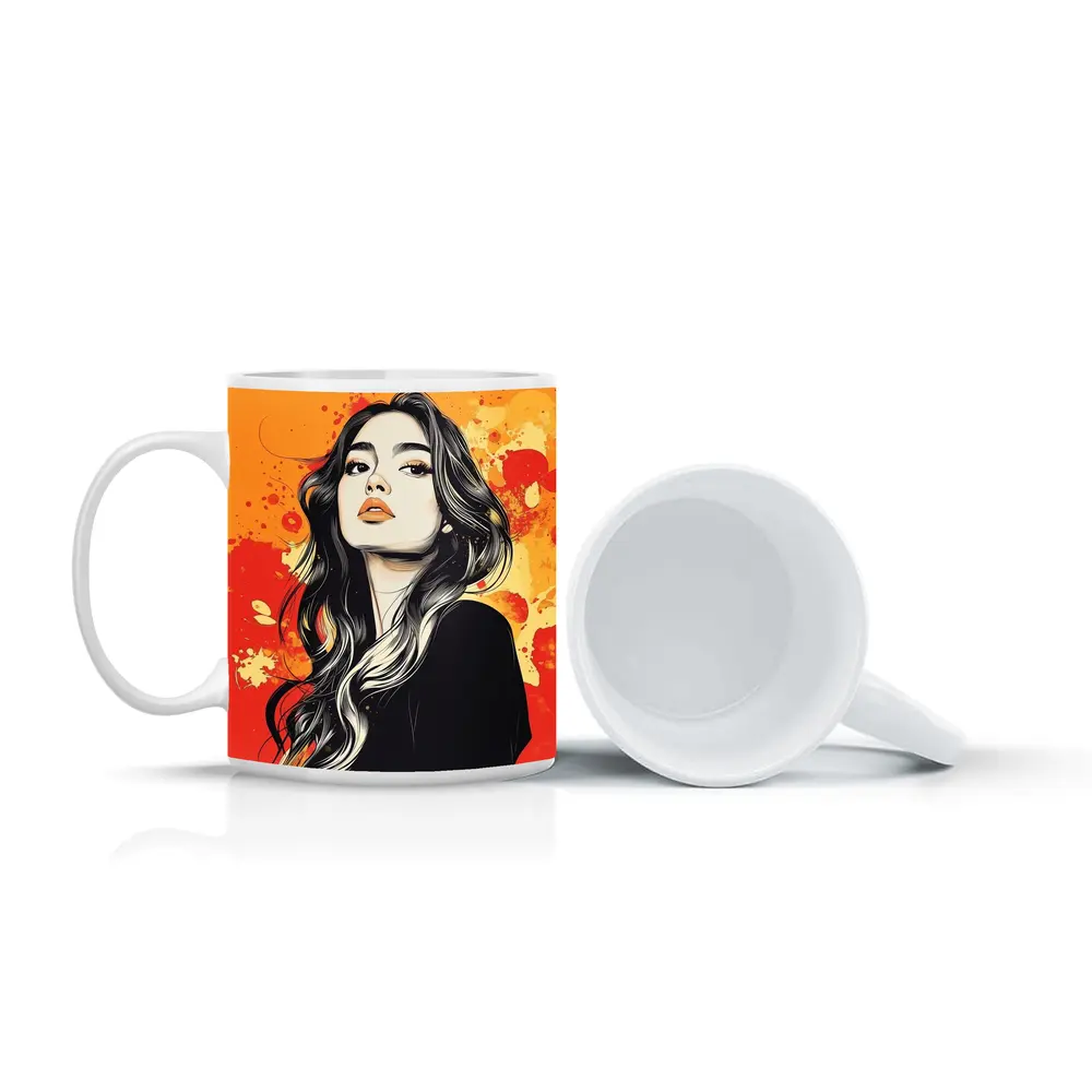 Woman Portrait Illustration Orange Paint Splash – Mugs