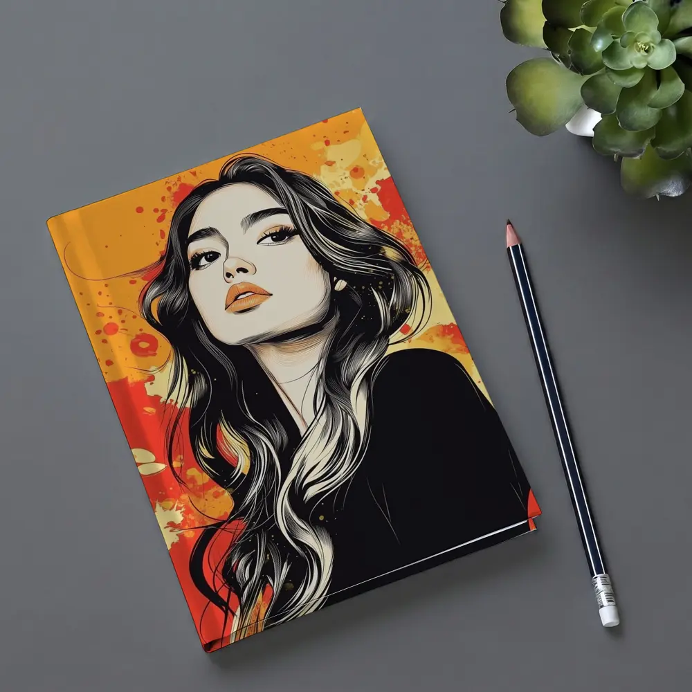 Woman Portrait Illustration Orange Paint Splash – Notebooks