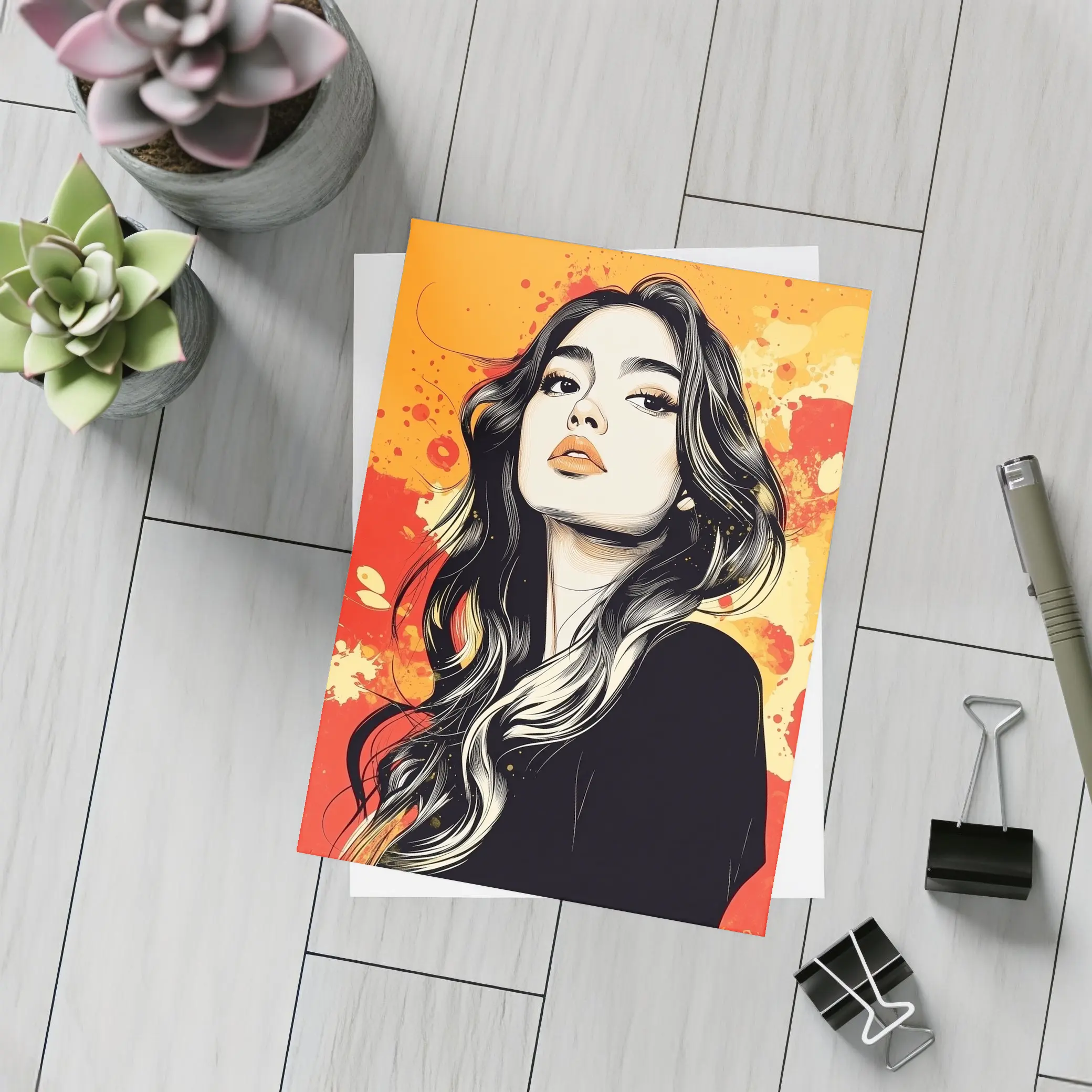 Woman Portrait Illustration Orange Paint Splash – Postcards