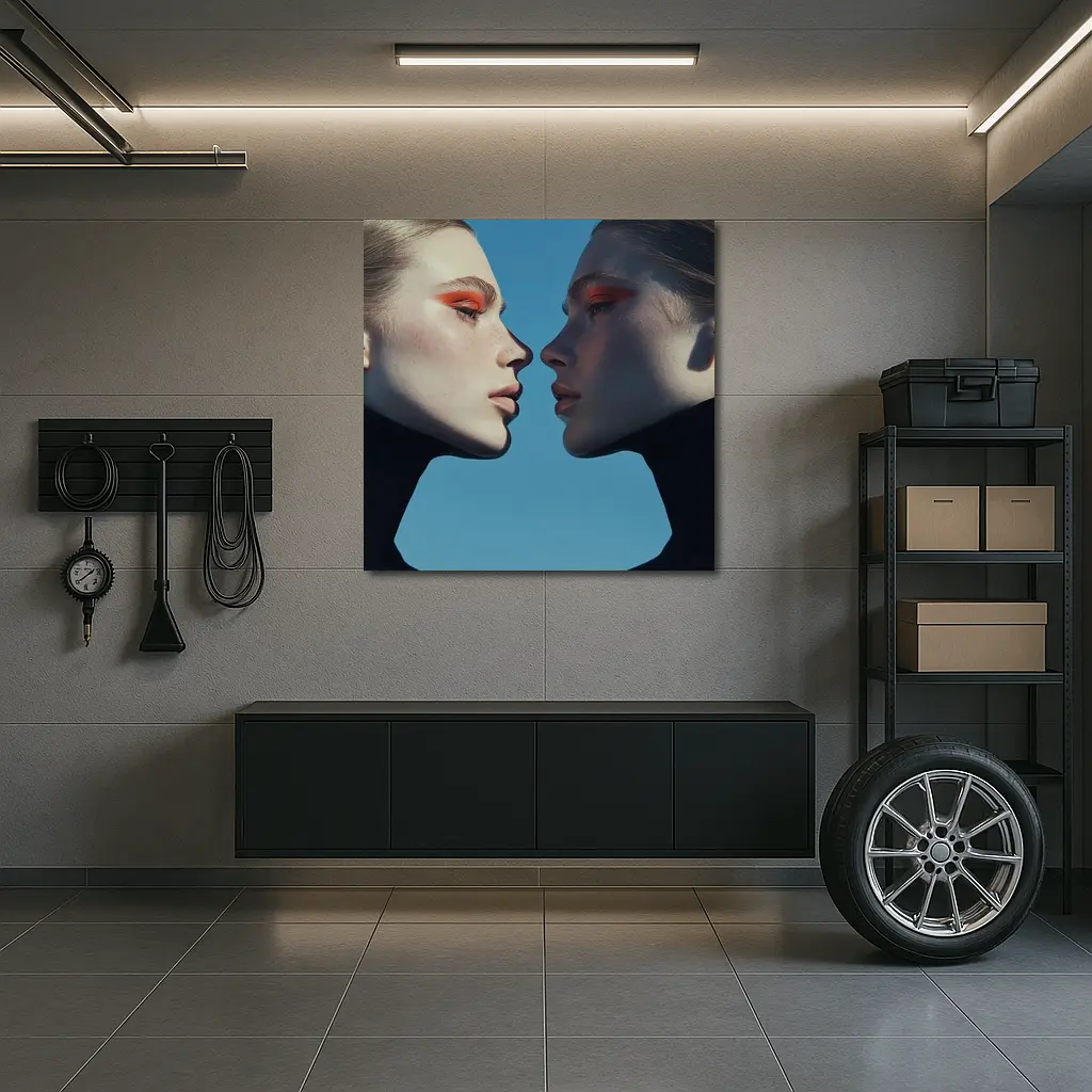 Two Women Facing Orange Eye Makeup Blue – Wall Art