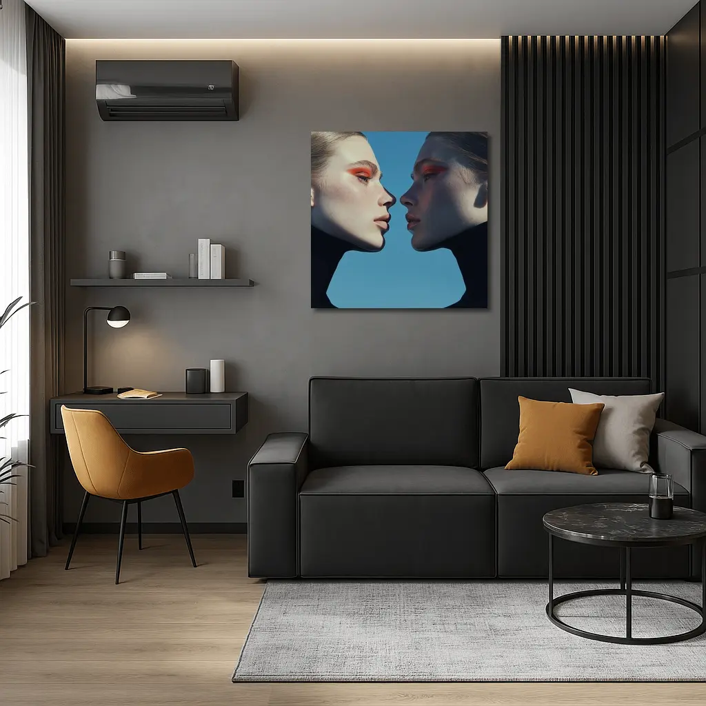 Two Women Facing Orange Eye Makeup Blue – Wall Art