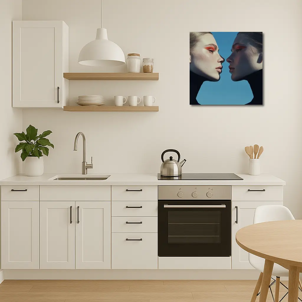 Two Women Facing Orange Eye Makeup Blue – Wall Art
