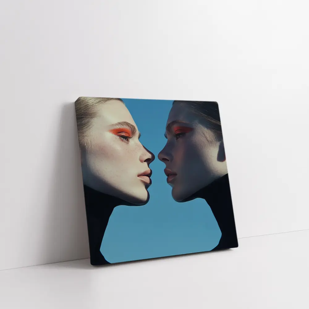 Two Women Facing Orange Eye Makeup Blue – Wall Art