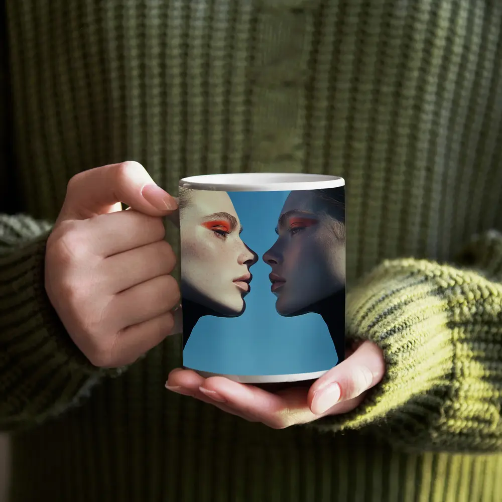 Two Women Facing Orange Eye Makeup Blue – Mugs