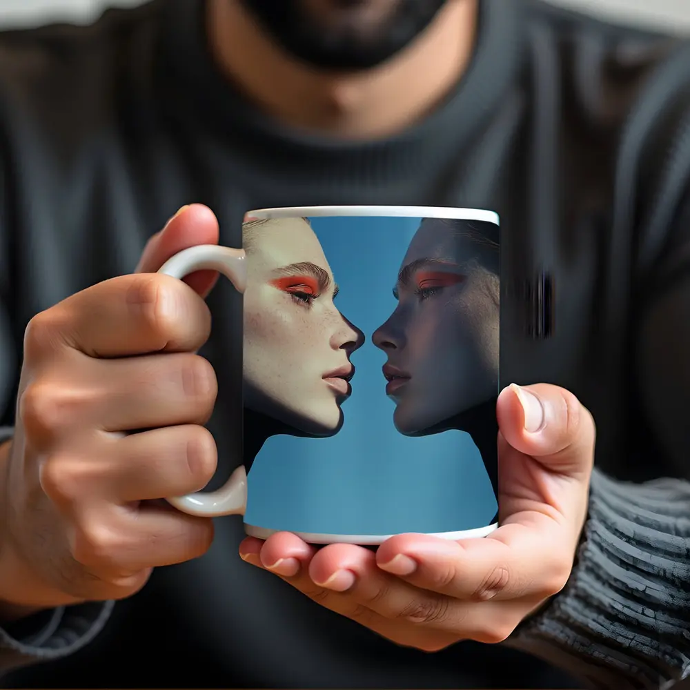 Two Women Facing Orange Eye Makeup Blue – Mugs