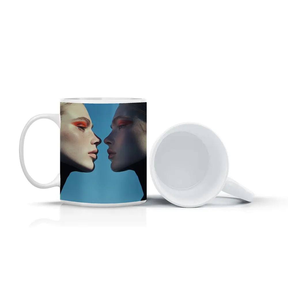 Two Women Facing Orange Eye Makeup Blue – Mugs
