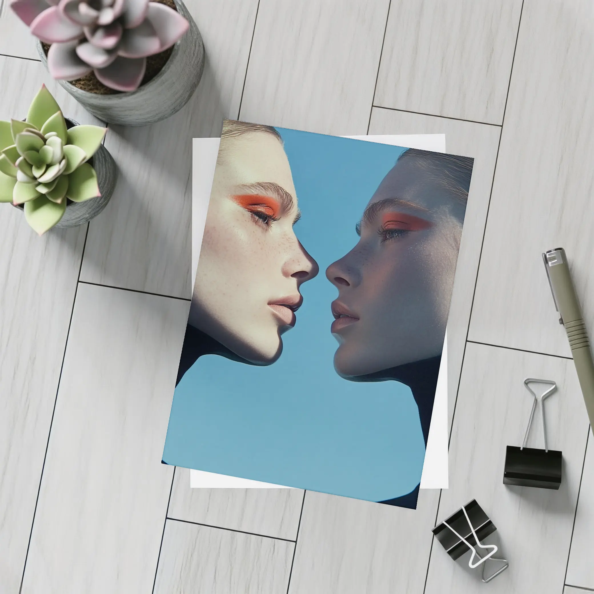 Two Women Facing Orange Eye Makeup Blue – Postcards