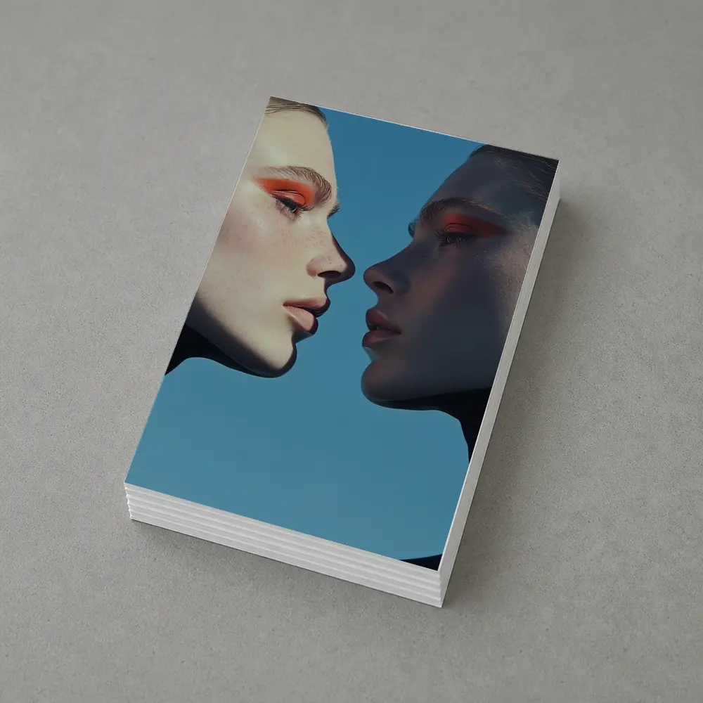 Two Women Facing Orange Eye Makeup Blue – Postcards