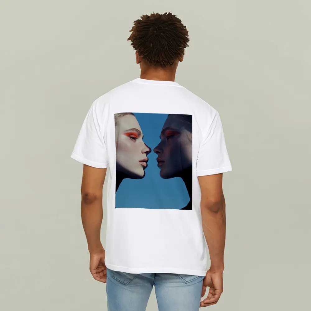 Two Women Facing Orange Eye Makeup Blue – T-Shirts