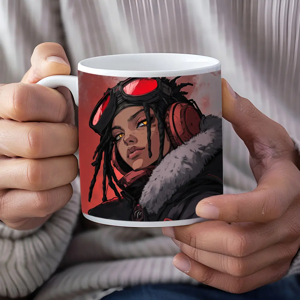 Anime Girl Pilot Goggles Red Background Art – Mugs