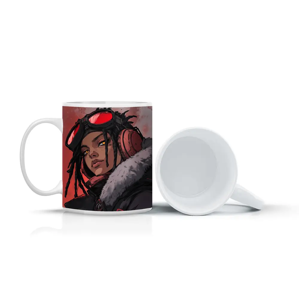Anime Girl Pilot Goggles Red Background Art – Mugs