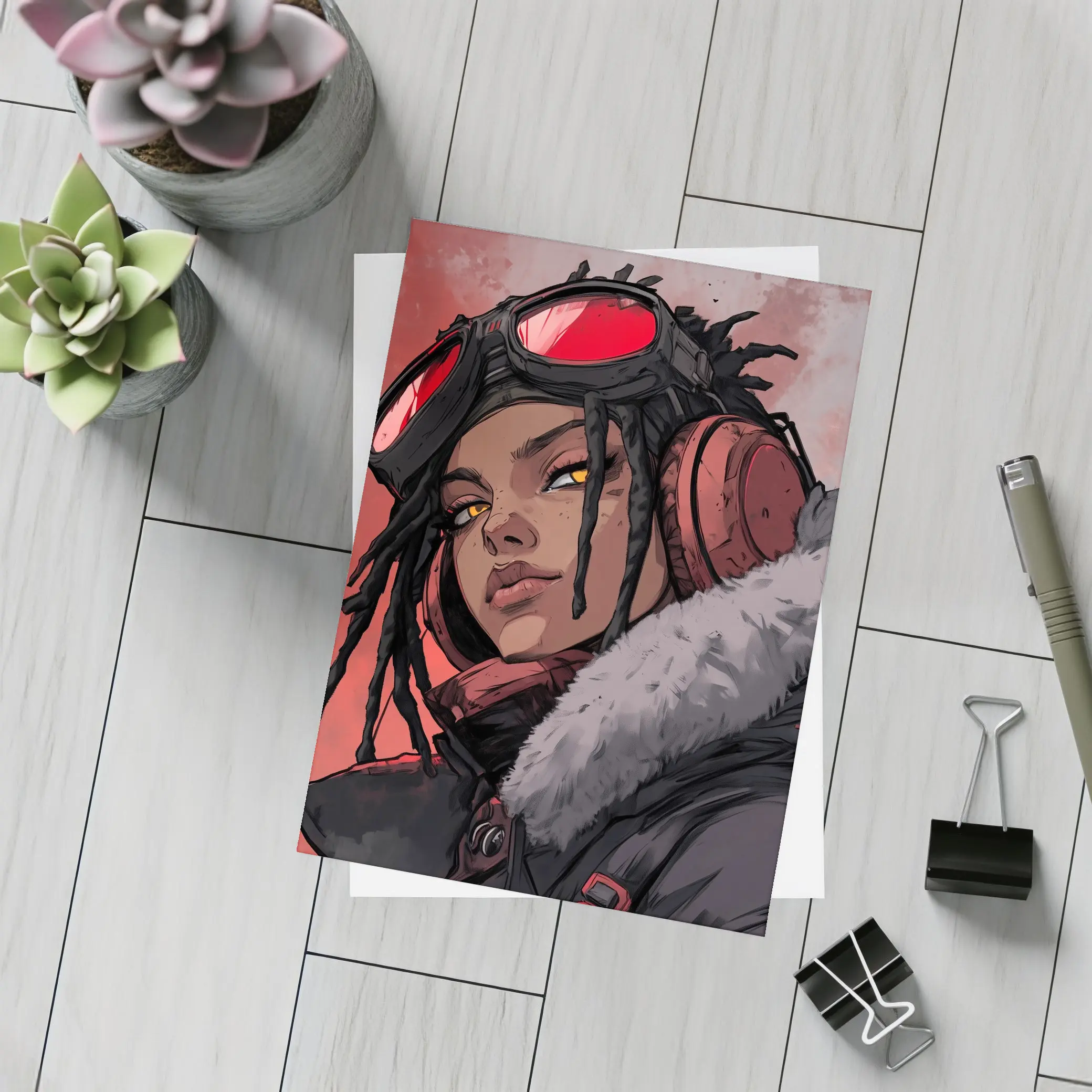 Anime Girl Pilot Goggles Red Background Art – Postcards