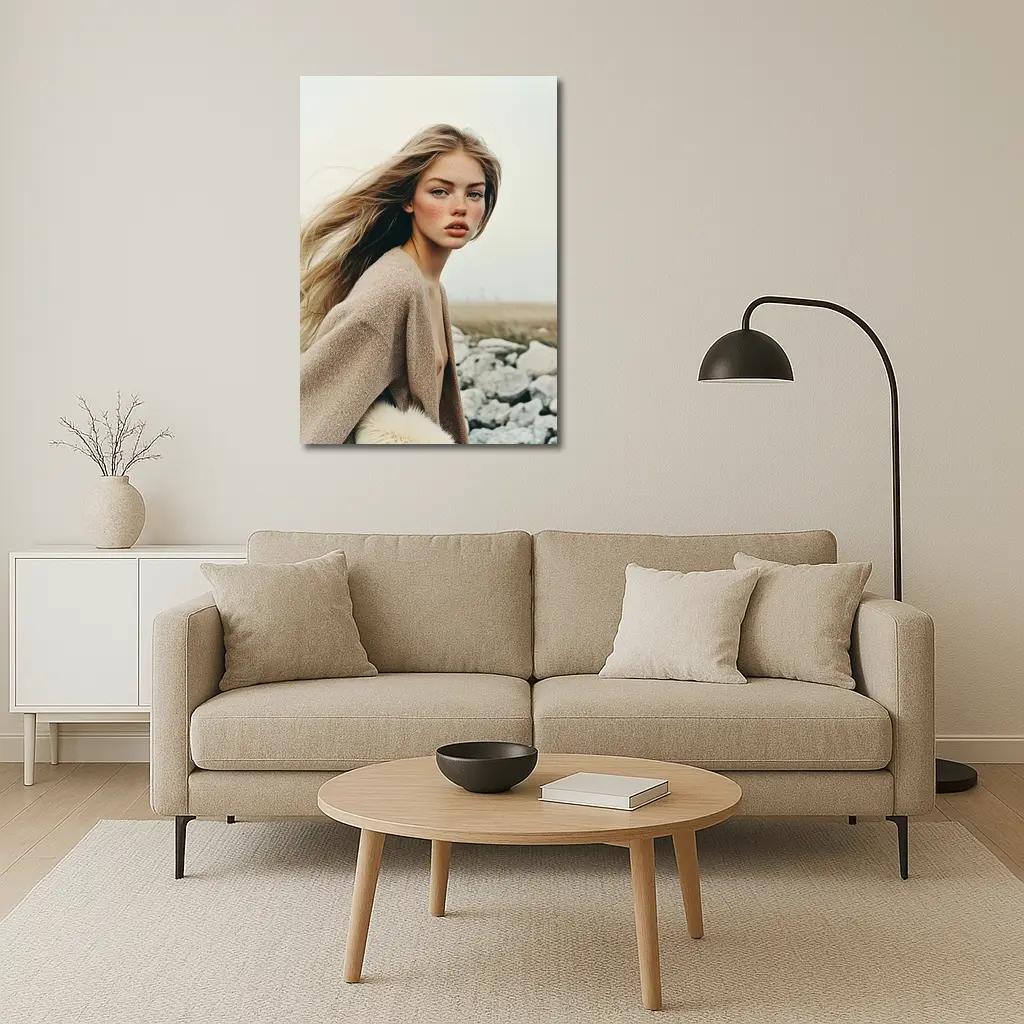 Blonde Woman Portrait Rocky Coastal Field – Wall Art
