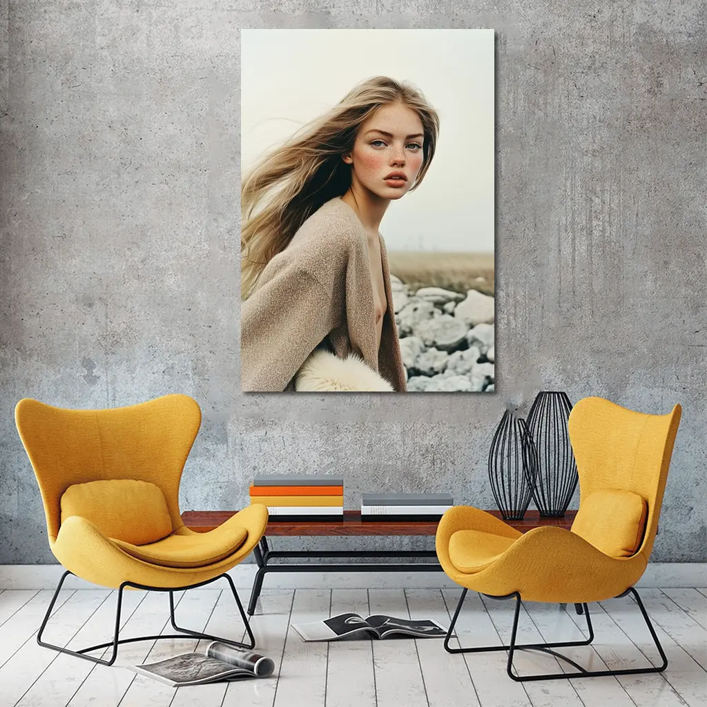 Blonde Woman Portrait Rocky Coastal Field – Wall Art