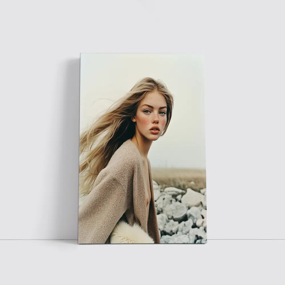 Blonde Woman Portrait Rocky Coastal Field – Wall Art