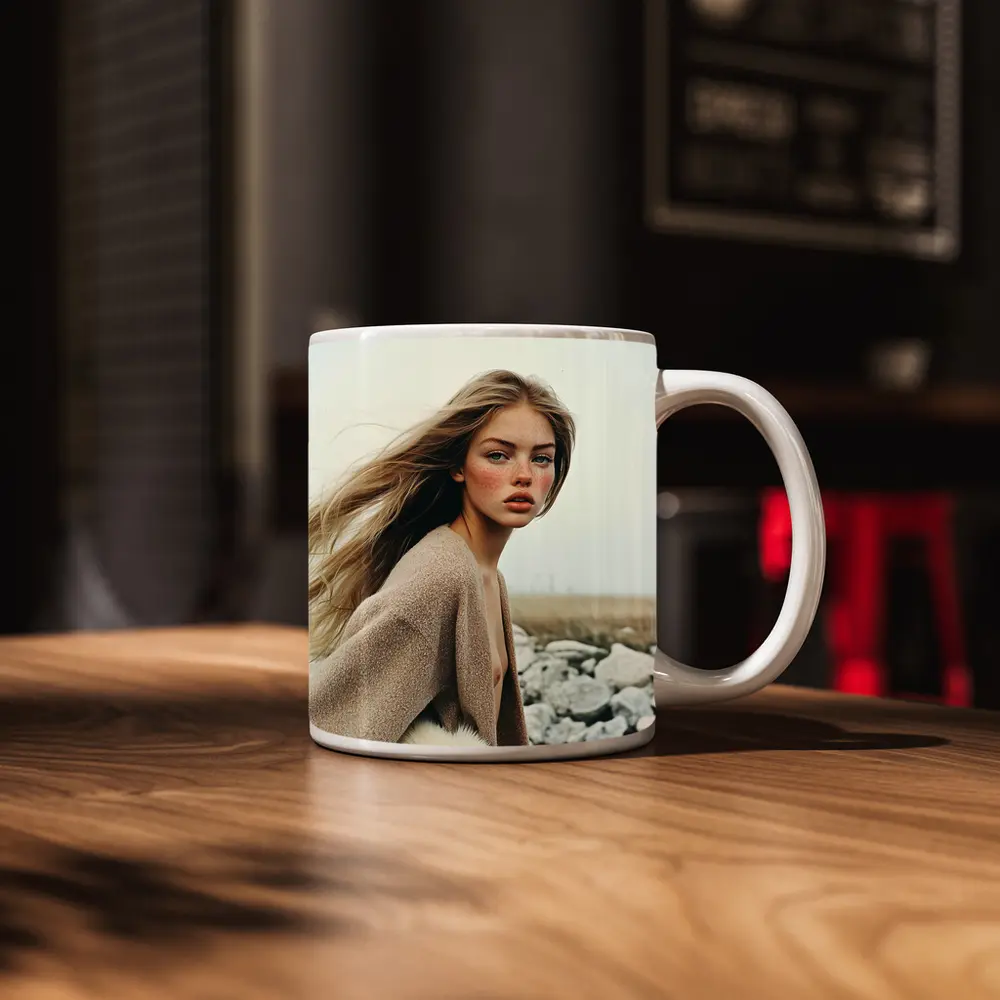 Blonde Woman Portrait Rocky Coastal Field – Mugs