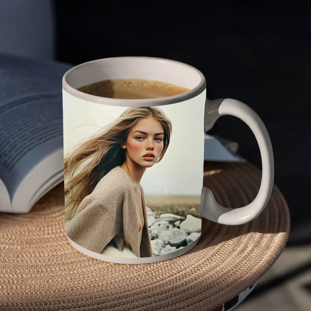 Blonde Woman Portrait Rocky Coastal Field – Mugs