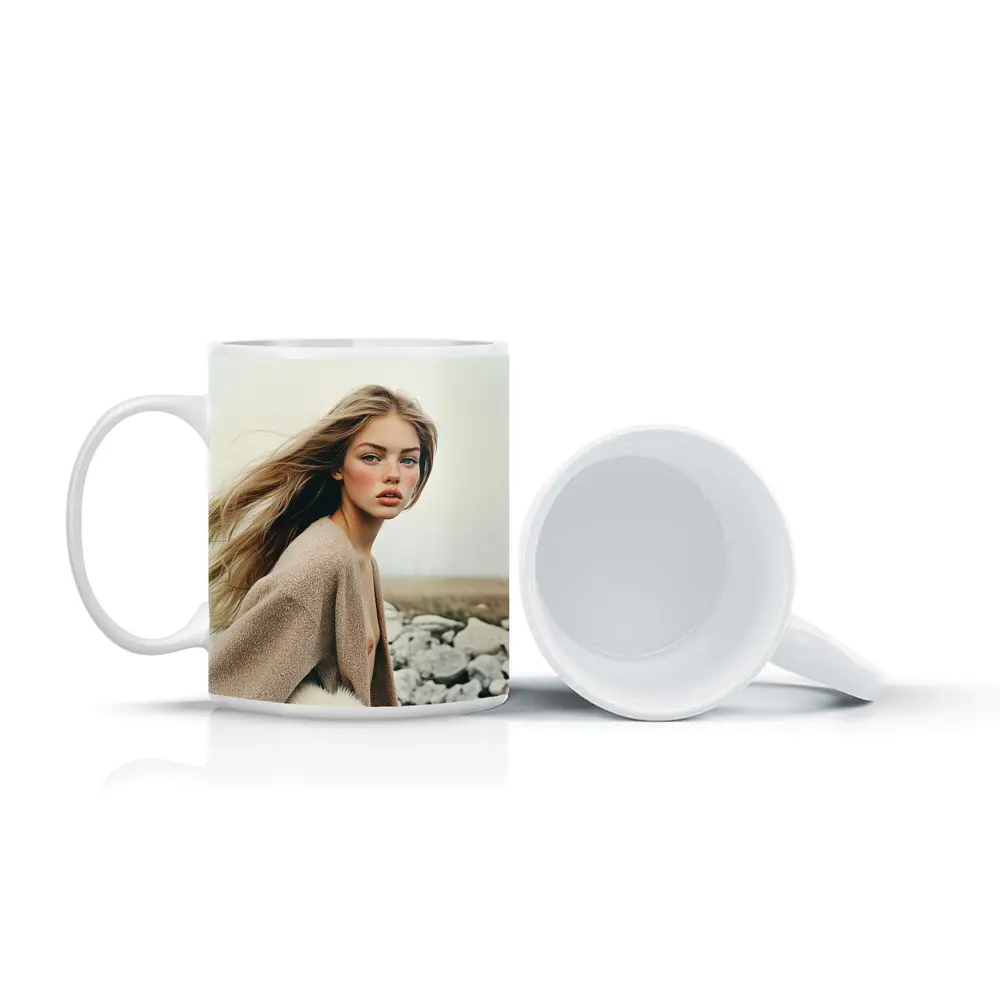 Blonde Woman Portrait Rocky Coastal Field – Mugs