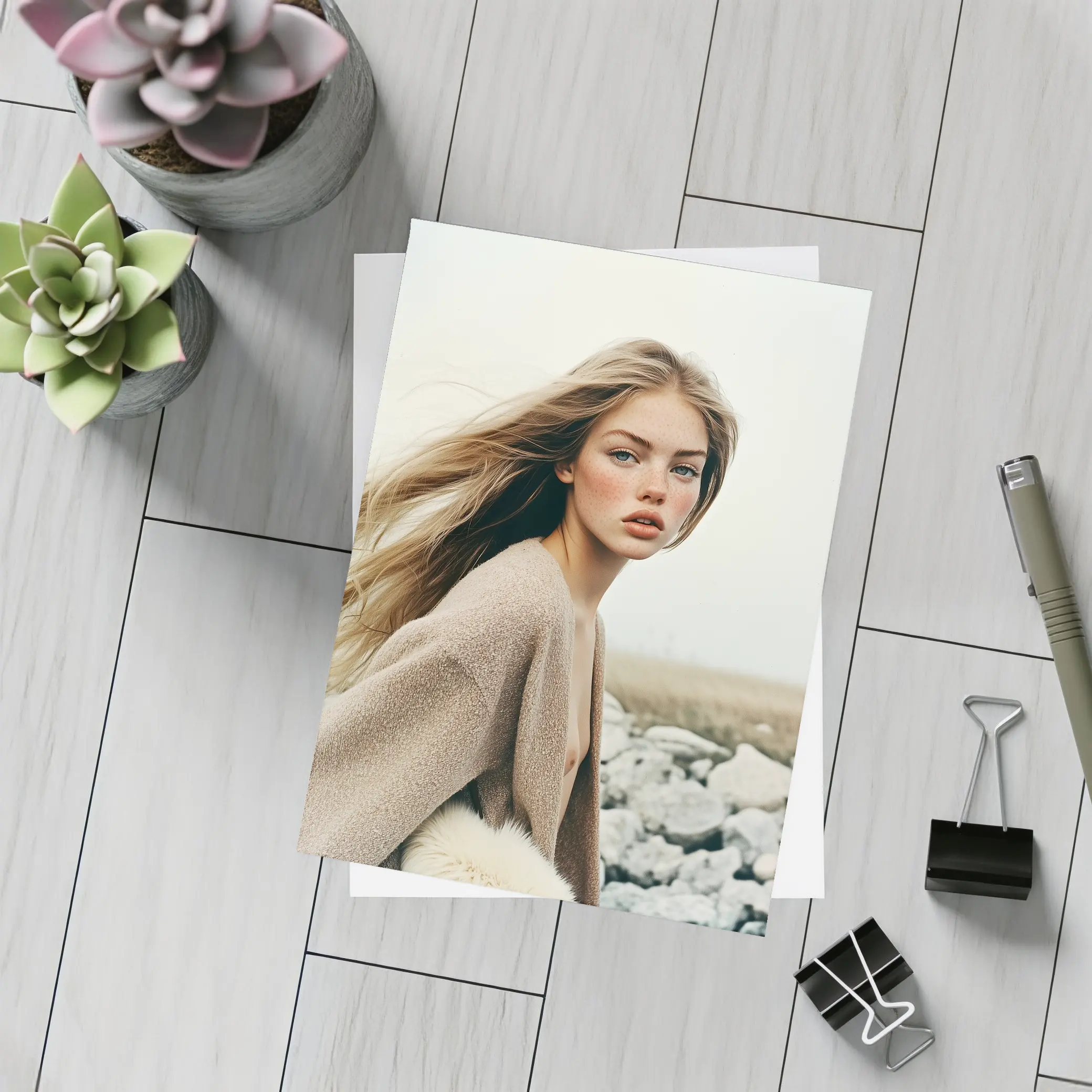 Blonde Woman Portrait Rocky Coastal Field – Postcards