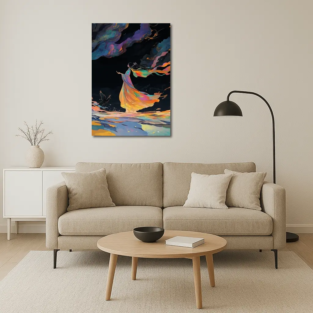Colorful Woman Dancing Over Dark Waters – Wall Art