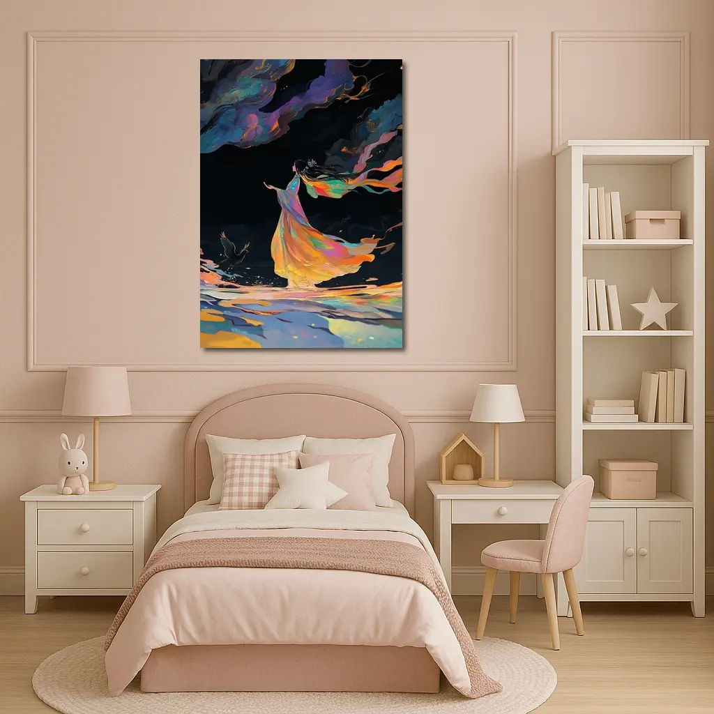 Colorful Woman Dancing Over Dark Waters – Wall Art