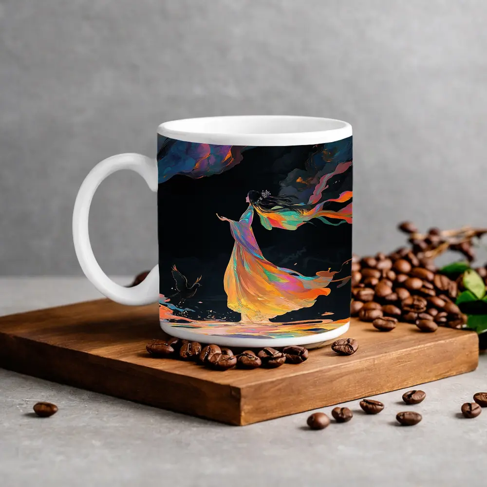 Colorful Woman Dancing Over Dark Waters – Mugs