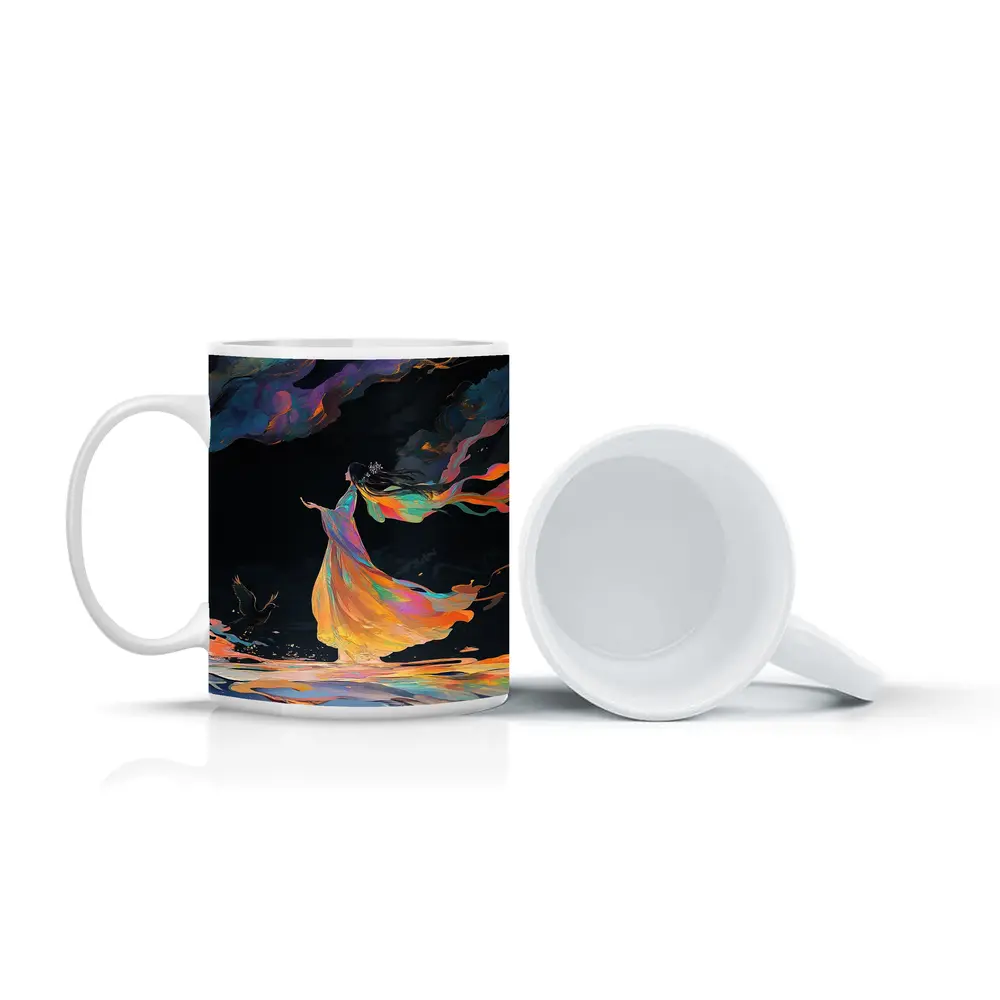 Colorful Woman Dancing Over Dark Waters – Mugs