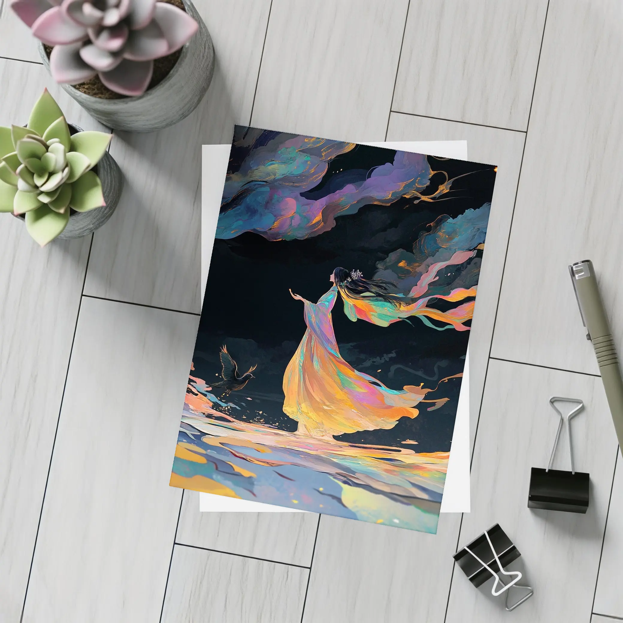 Colorful Woman Dancing Over Dark Waters – Postcards