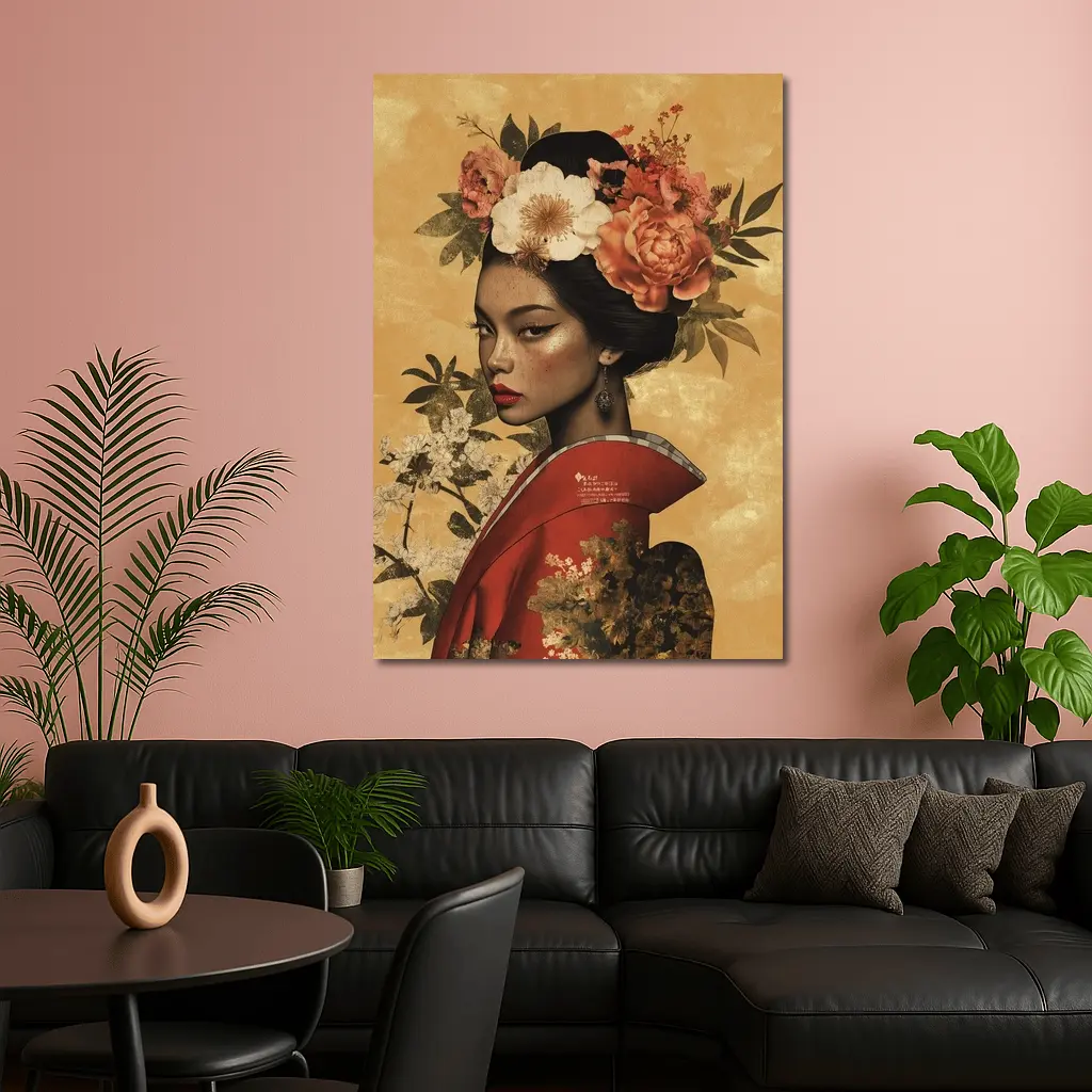 Japanese Woman Floral Crown Gold Background Art – Wall Art