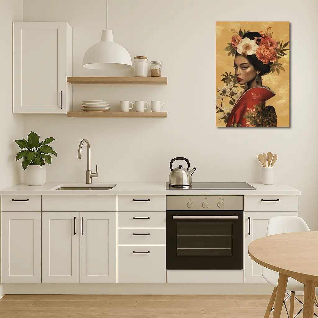 Japanese Woman Floral Crown Gold Background Art – Wall Art