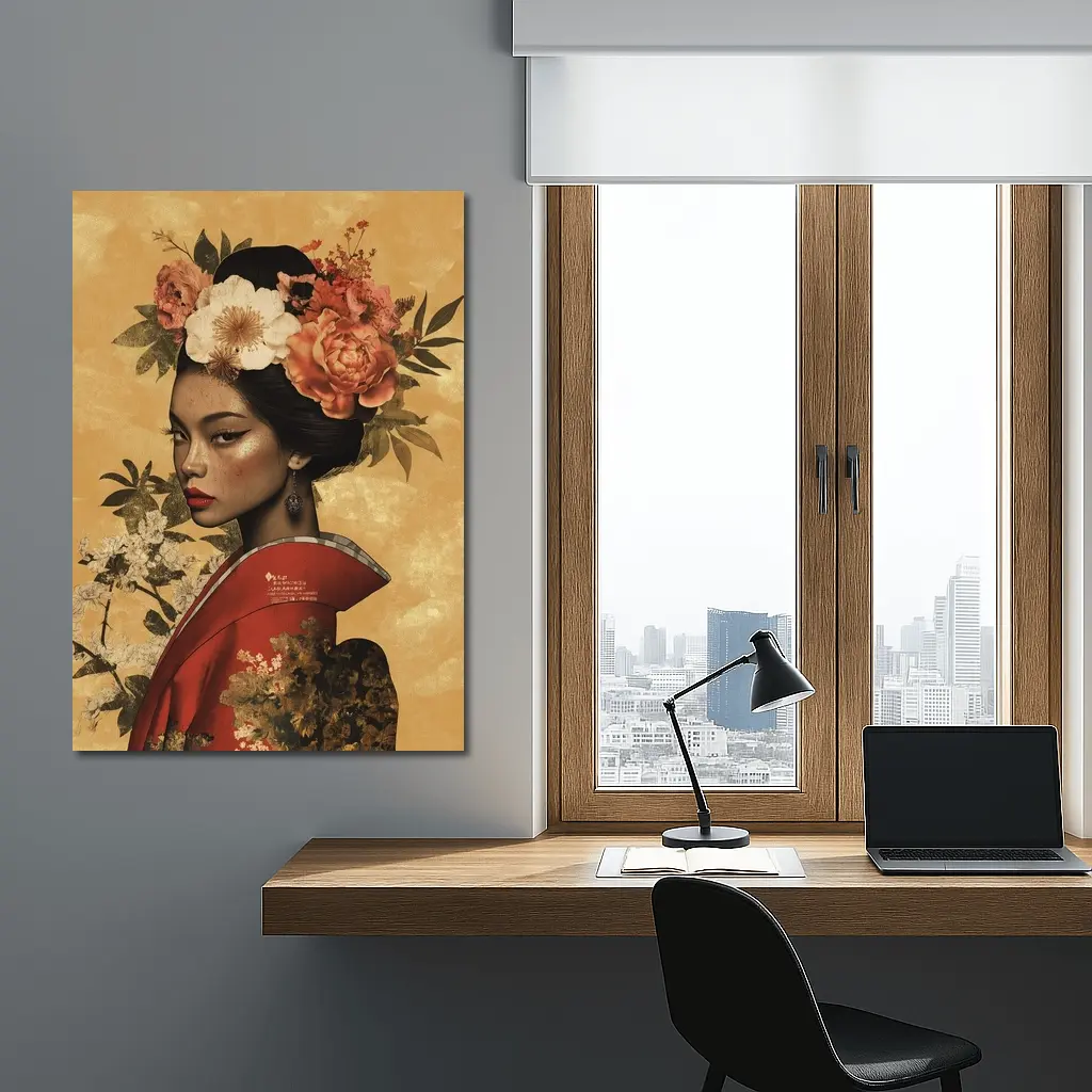 Japanese Woman Floral Crown Gold Background Art – Wall Art