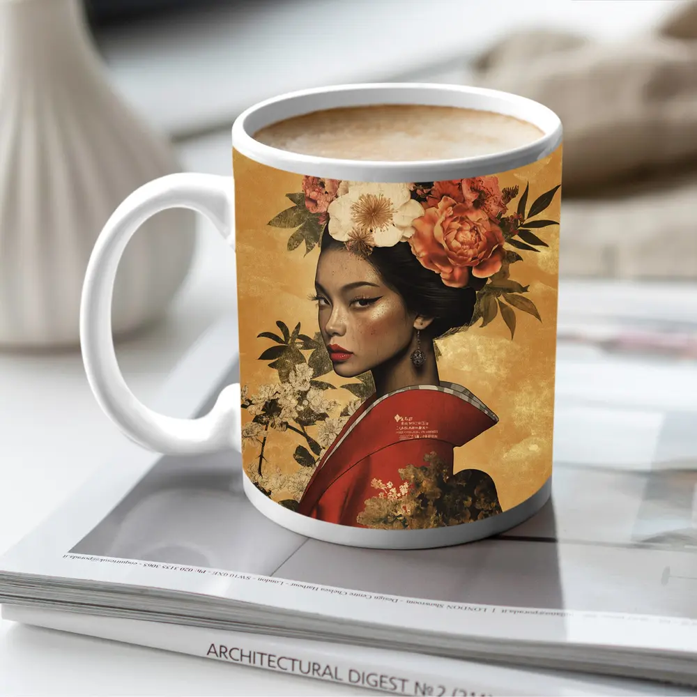 Japanese Woman Floral Crown Gold Background Art – Mugs