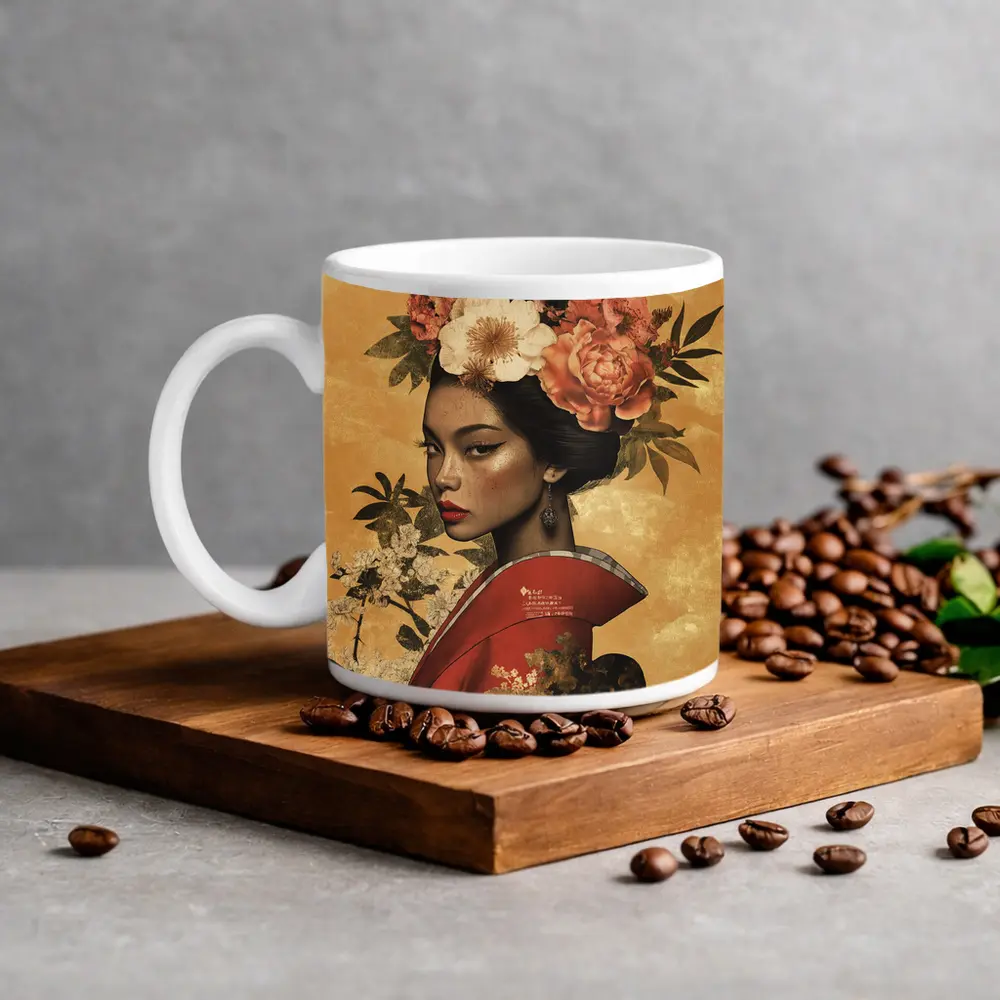 Japanese Woman Floral Crown Gold Background Art – Mugs