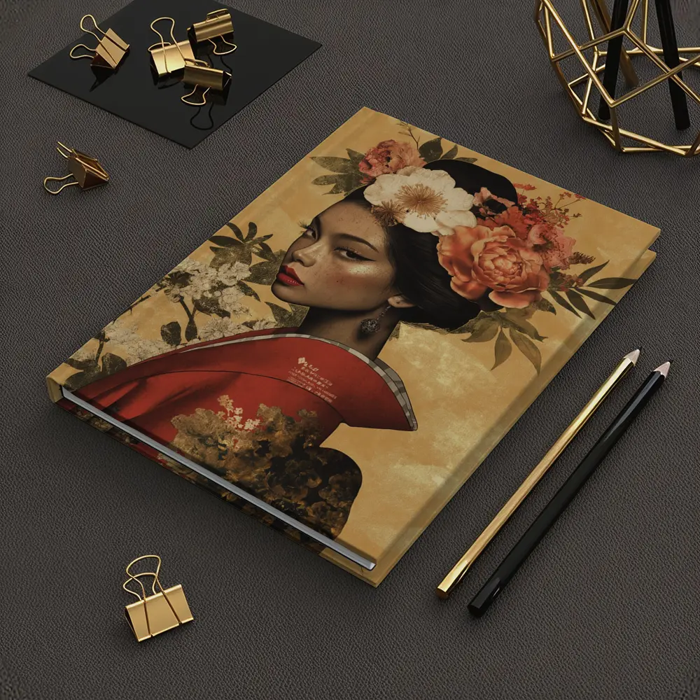 Japanese Woman Floral Crown Gold Background Art – Notebooks