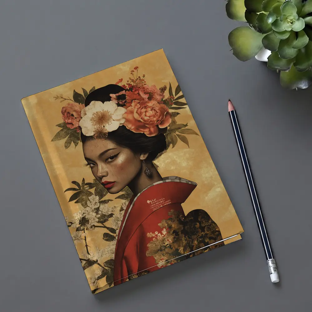 Japanese Woman Floral Crown Gold Background Art – Notebooks