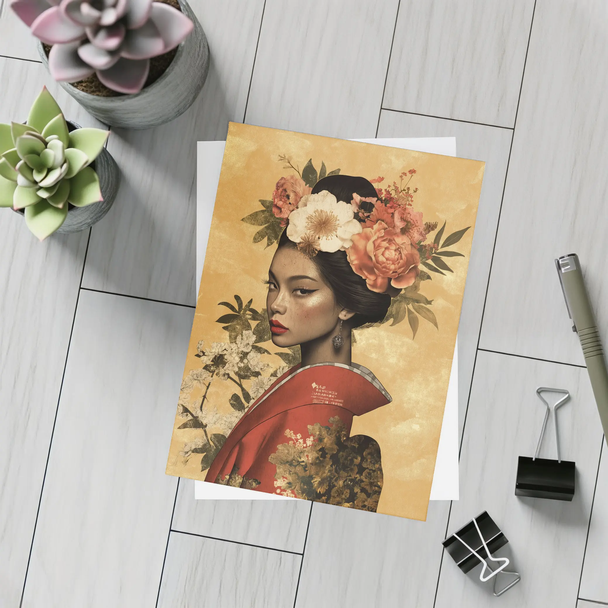 Japanese Woman Floral Crown Gold Background Art – Postcards