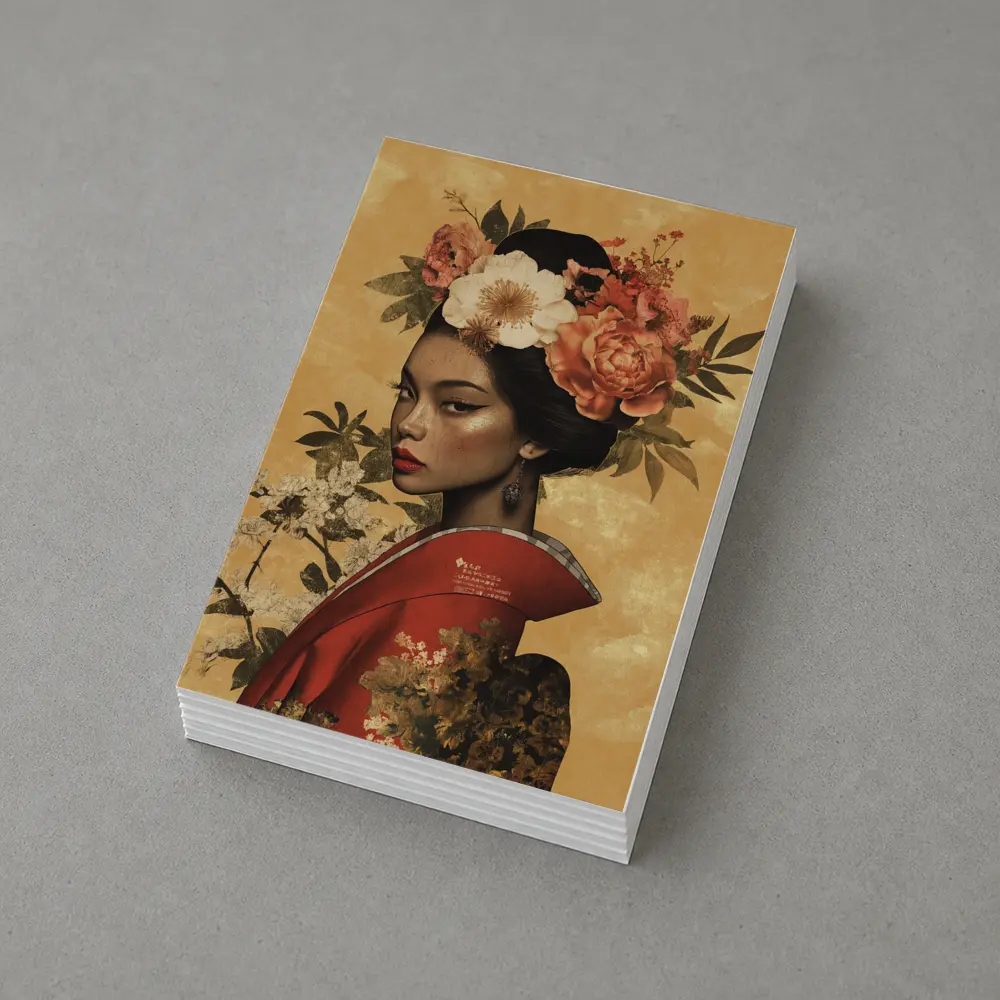 Japanese Woman Floral Crown Gold Background Art – Postcards