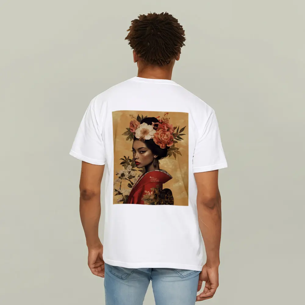 Japanese Woman Floral Crown Gold Background Art – T-Shirts