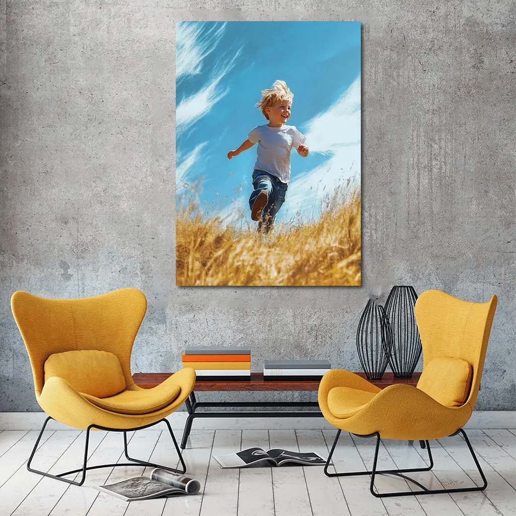 Happy Boy Running Through Golden Field – Wall Art