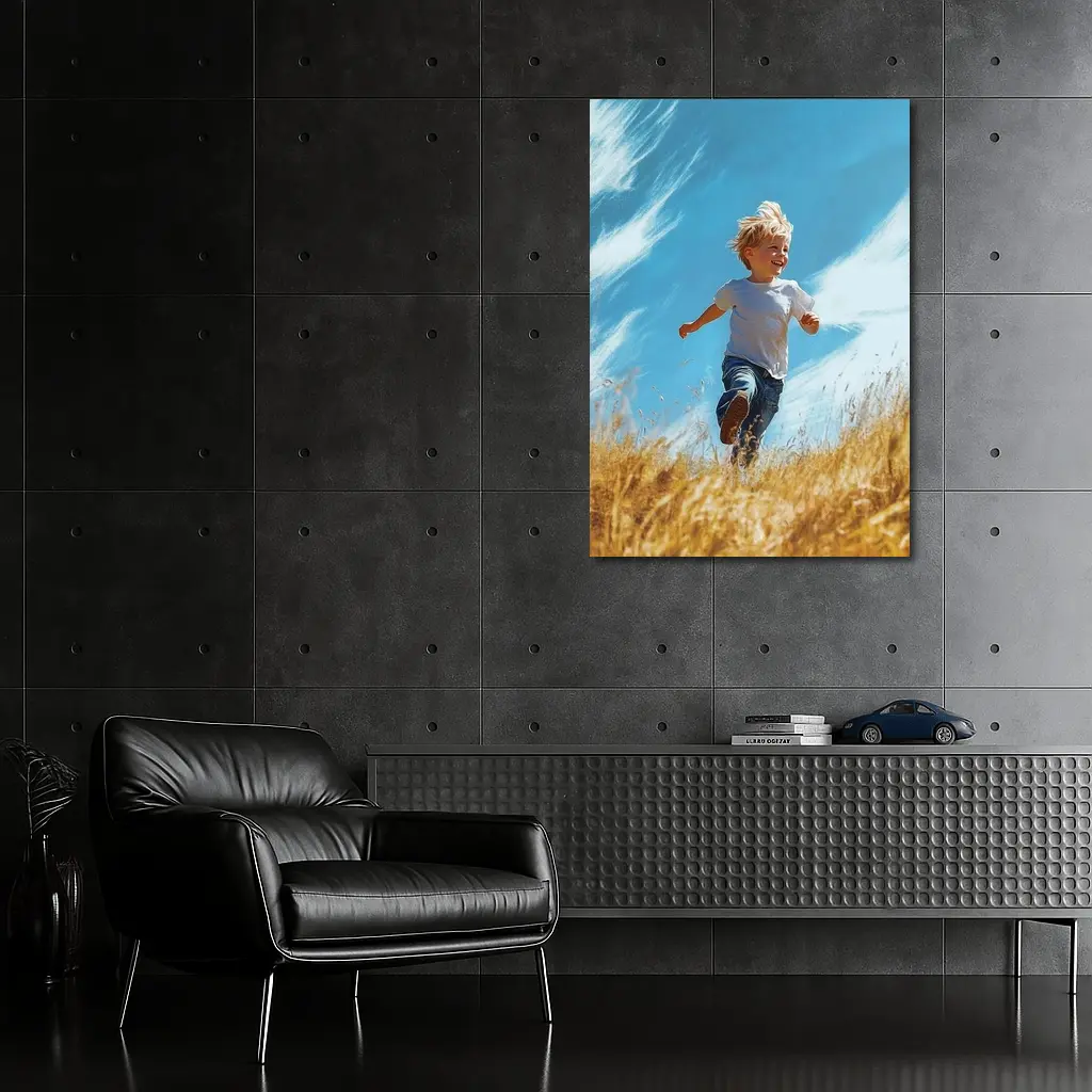 Happy Boy Running Through Golden Field – Wall Art